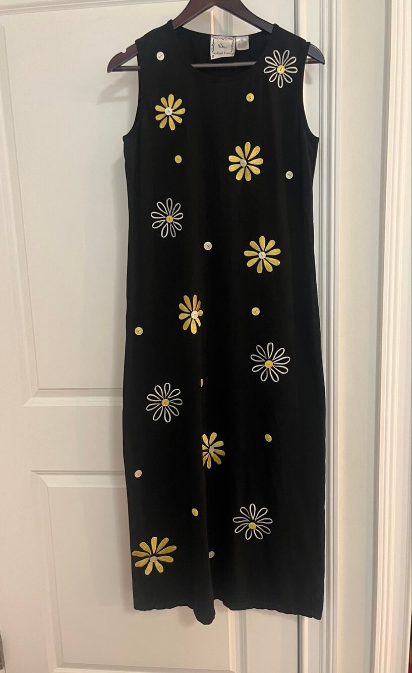 Michael Simon VTG Black Knit Maxi Dress S Embroidered Daisy Buttons 90s Boho